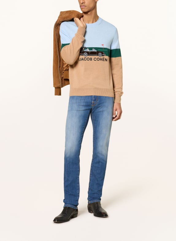 JACOB COHEN Trui PORSCHE EDITION CAMEL / DONKERGROEN / LICHTBLAUW