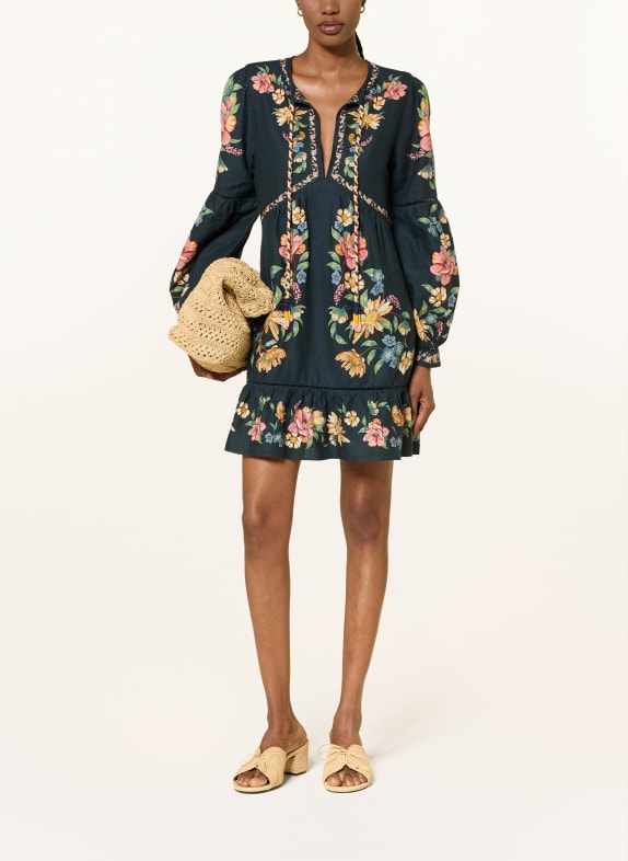 FARM RIO Sukienka MAIRA z lnu z falbanami GRANATOWY / CIEMNOŻÓŁTY / ZIELONY