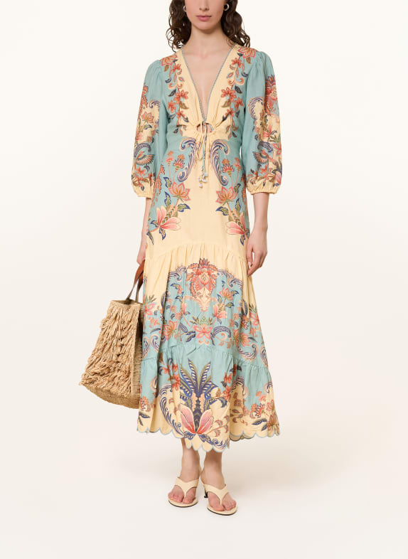 FARM RIO Kleid mit Leinen und Rüschen HELLGELB / HELLORANGE / TÜRKIS