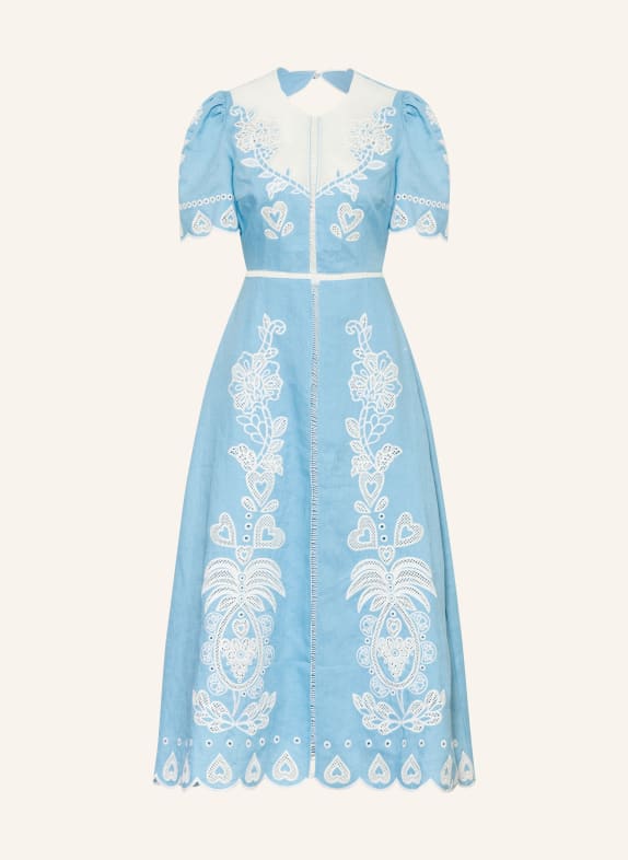 FARM RIO Linnen jurk met opengewerkte kant LICHTBLAUW / WIT
