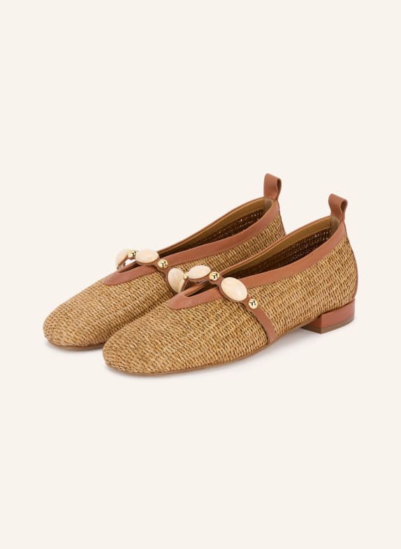 PEDRO MIRALLES Mary-Jane-Ballerinas RAFIA IBIZA mit Schmucksteinen CAMEL / COGNAC