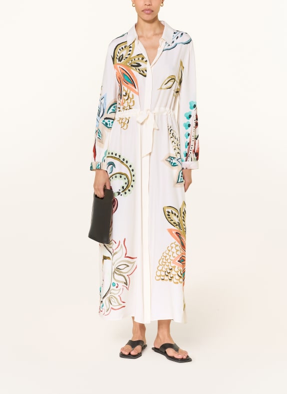 HERZENS Robe chemise en soie BLANC / TURQUOISE / NOIR