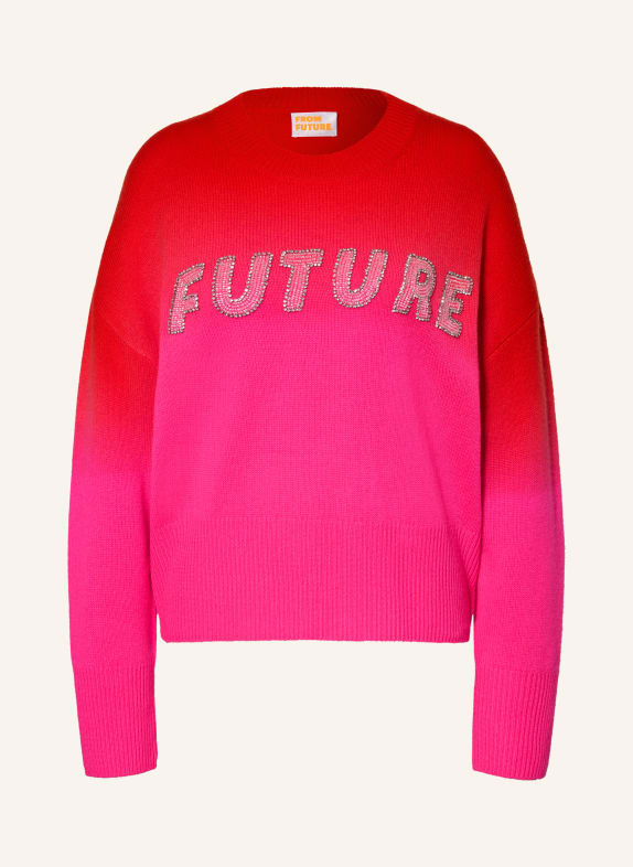 FROM FUTURE Cashmere-Pullover mit Schmucksteinen DUNKELORANGE / SILBER / NEONPINK