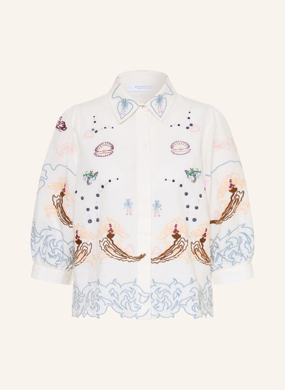 Rich & Royal Shirt blouse with 3/4 sleeves and linen WHITE / DARK BROWN / LIGHT BLUE