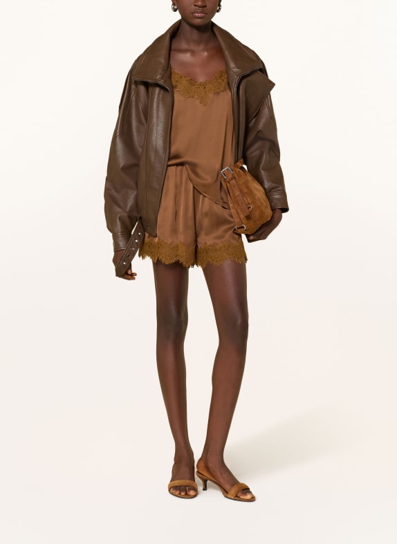 Rich & Royal Satijnen shorts met kant BRUIN