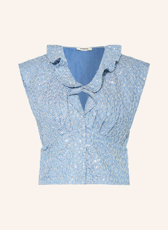 SANDRO Blusentop mit Pailletten und Schmuckperlen HELLBLAU / SILBER / WEISS