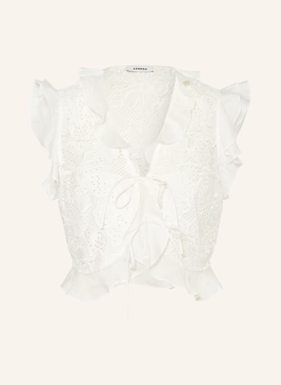 SANDRO Cropped-Blusentop mit Lochspitze und Schmucksteinen WEISS