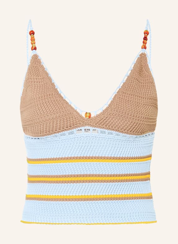 CLAUDIE PIERLOT Häkeltop mit Schmuckperlen HELLBLAU / CAMEL / DUNKELGELB