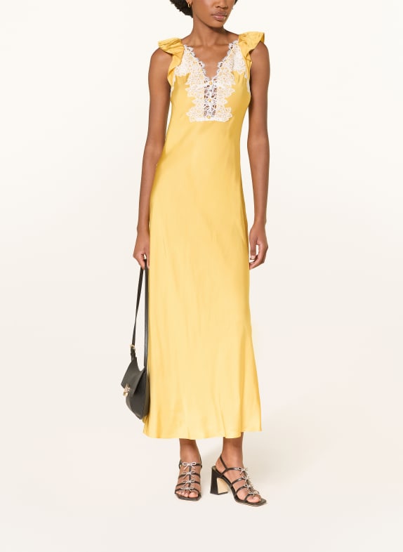 CLAUDIE PIERLOT Satynowa sukienka z koronką CIEMNOŻÓŁTY / BIAŁY