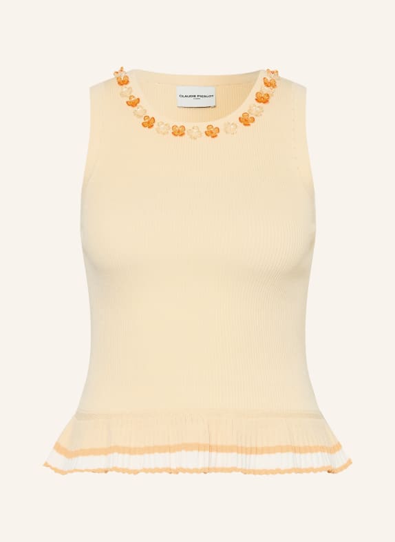 CLAUDIE PIERLOT Sweter z dzianiny z ozdobnymi koralikami i falbankami JASNOPOMARAŃCZOWY / ŁOSOSIOWY / BIAŁY