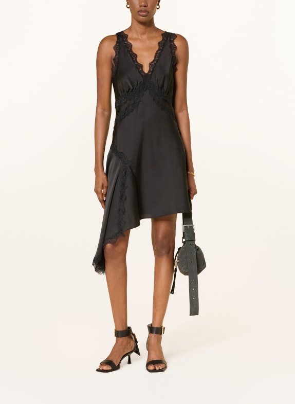 ALLSAINTS Satynowa sukienka ILKA z koronką CZARNY