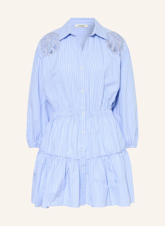 SANDRO Hemdblusenkleid mit Schmucksteinen und 3/4-Arm HELLBLAU / WEISS