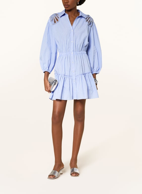 SANDRO Hemdblusenkleid mit Schmucksteinen und 3/4-Arm HELLBLAU / WEISS