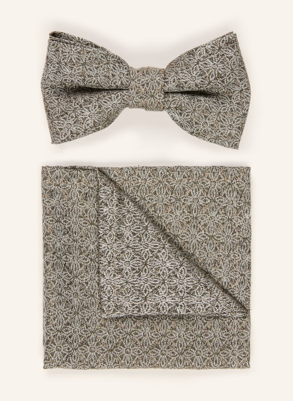 WILVORST Set: Bow tie and pocket square KHAKI / WHITE