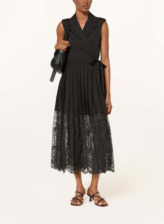 SANDRO Sukienka z plisami i koronką CZARNY