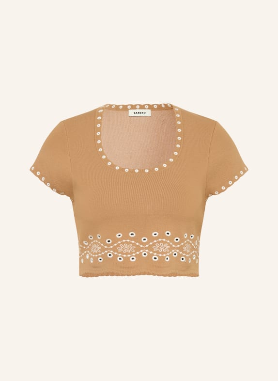 SANDRO Cropped-Strickshirt mit Lochspitze CAMEL / WEISS