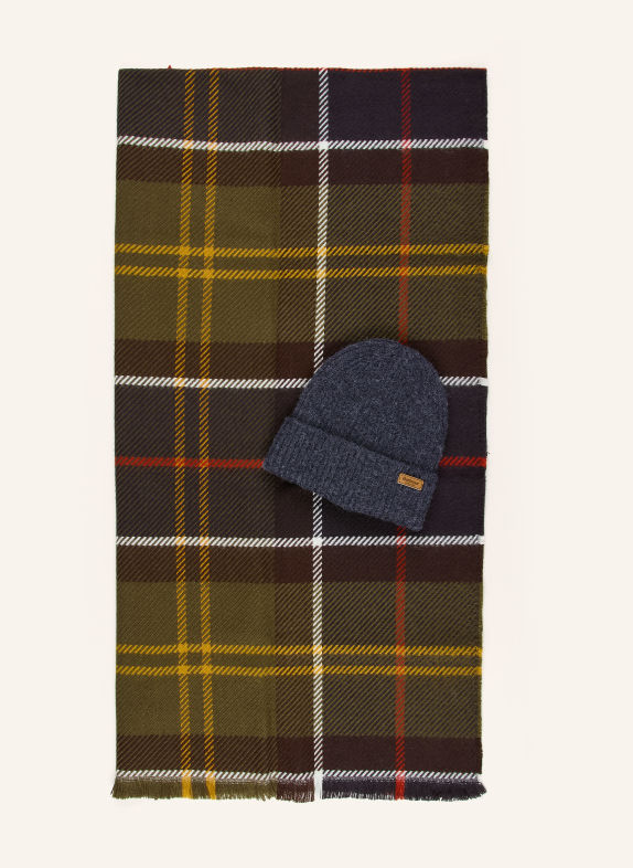 Barbour Ensemble PENDLE : écharpe et bonnet KAKI / JAUNE FONCÉ / BLEU FONCÉ