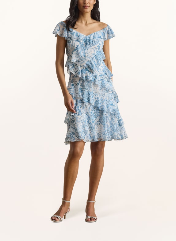 LAUREN RALPH LAUREN Off-Shoulder-Kleid mit Volants BLAU / HELLBLAU / WEISS