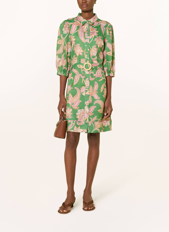 dea kudibal Lněné šaty MARYDEA s 3/4 rukávy ZELENÁ / STARORŮŽOVÁ / BÉŽOVÁ