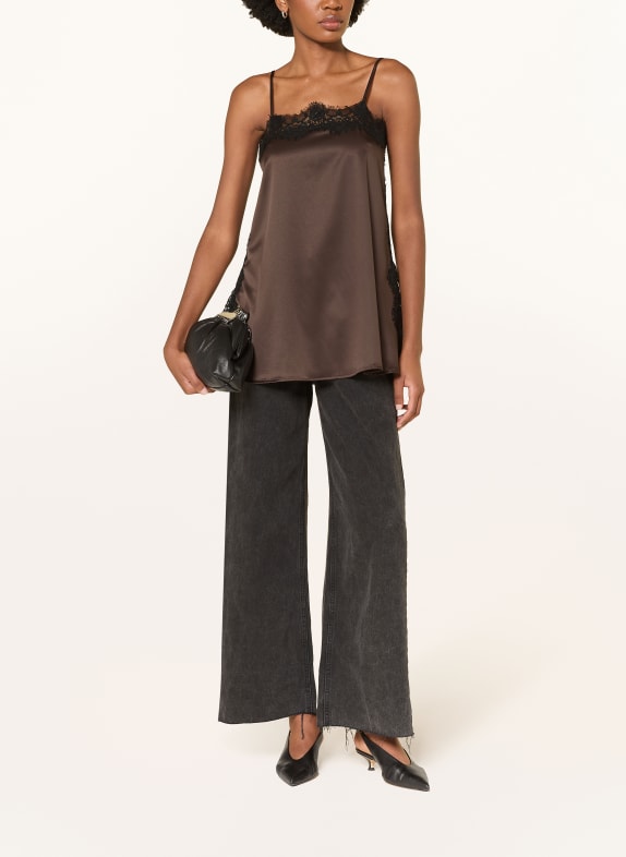 MRS & HUGS Satijnen top met kant MARRON FONCÉ / ZWART