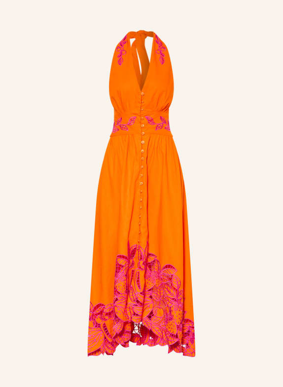 FARM RIO Robe FRUIT RICHILIUER ARTISANAL en lin et dentelle ajourée ORANGE / LILAS