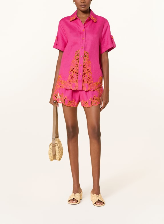 FARM RIO Linnen blouse met opengewerkt kant ROZE / ORANJE