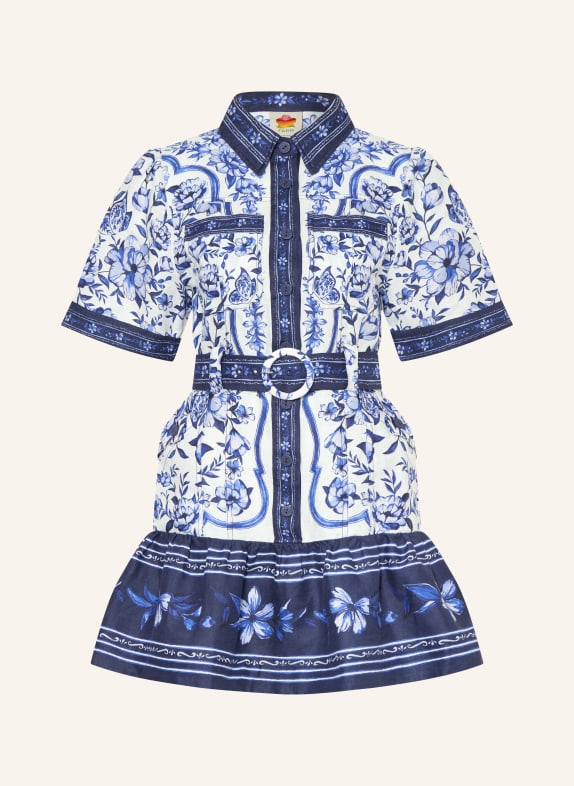 FARM RIO Košilové šaty PORCELAIN GARDEN z lnu TMAVĚ MODRÁ / MODRÁ / BÍLÁ