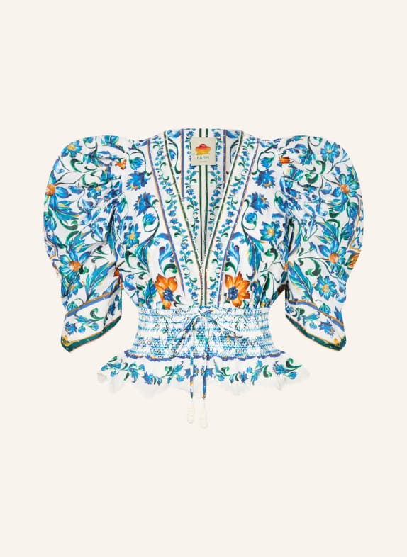 FARM RIO Blouse-style shirt with 3/4 sleeves and ruffles BLUE / DARK ORANGE / WHITE