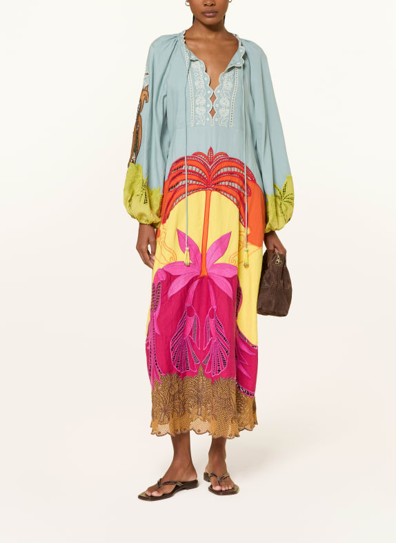 FARM RIO USIACURI dress with linen BLUE GRAY / PINK / YELLOW