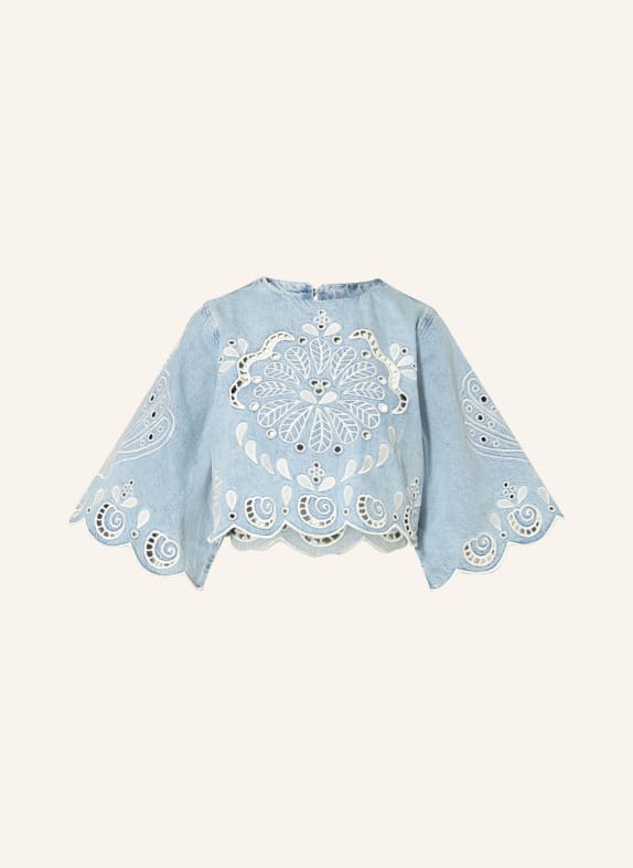 FARM RIO Cropped denim blouse with openwork lace and 3/4 sleeves LIGHT BLUE / WHITE