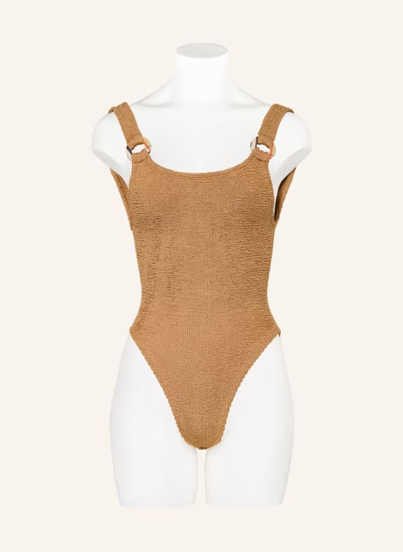 BURBERRY Set DOMINO: Badeanzug und Haargummi BEIGE / ROT / SCHWARZ