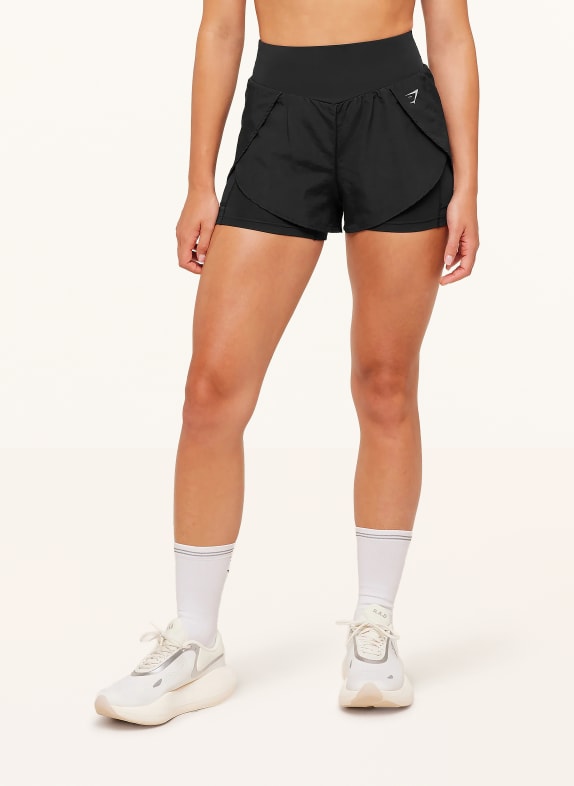 GYMSHARK 2-in-1-Laufshorts SCHWARZ