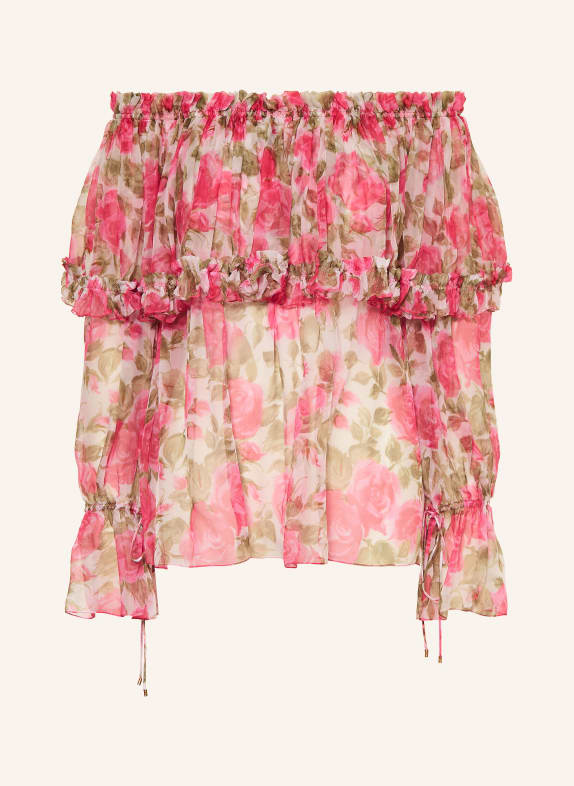 Chloé Hedvábná blůza s odhalenými rameny a volánky RŮŽOVÁ / OLIVOVÁ / BÍLÁ