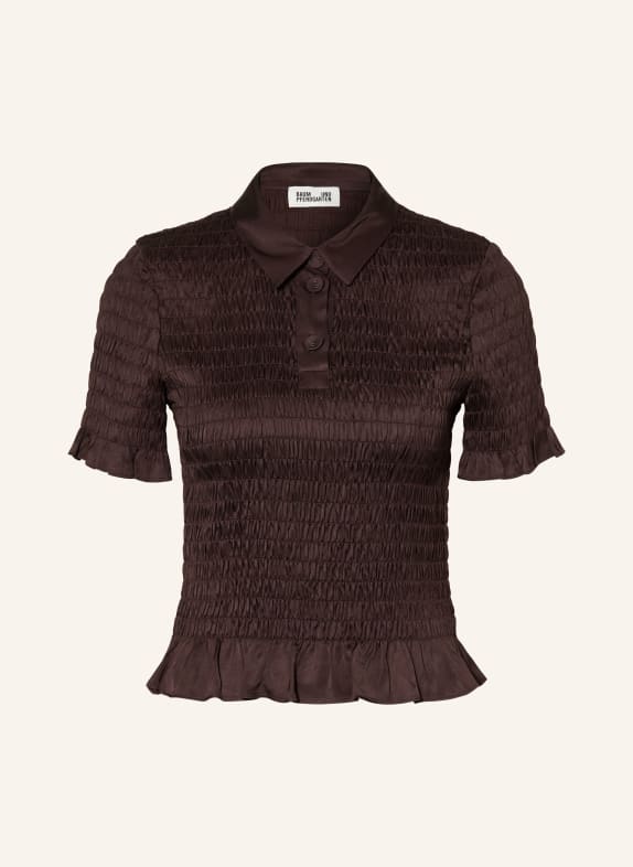 BAUM UND PFERDGARTEN MYKA satin polo shirt with ruffles DARK BROWN