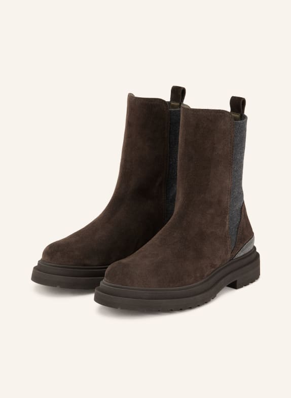 BRUNELLO CUCINELLI Chelsea-Boots mit Schmucksteinen DUNKELBRAUN / DUNKELGRAU