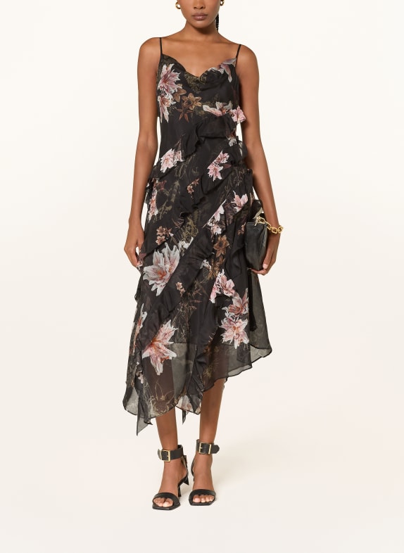 ALLSAINTS Šaty s volánky ČERNÁ / SVĚTLE RŮŽOVÁ / RŮŽOVÁ