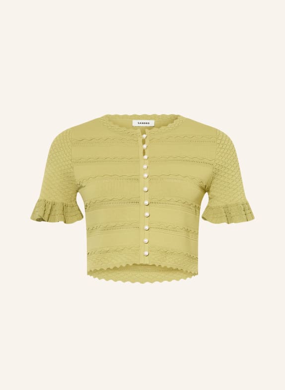 SANDRO Krótki sweter z falbanami i kryształkami JASNOZIELONY