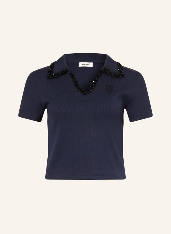 SANDRO Koszulka polo z dżerseju z kamieniami ozdobnymi GRANATOWY / CZARNY