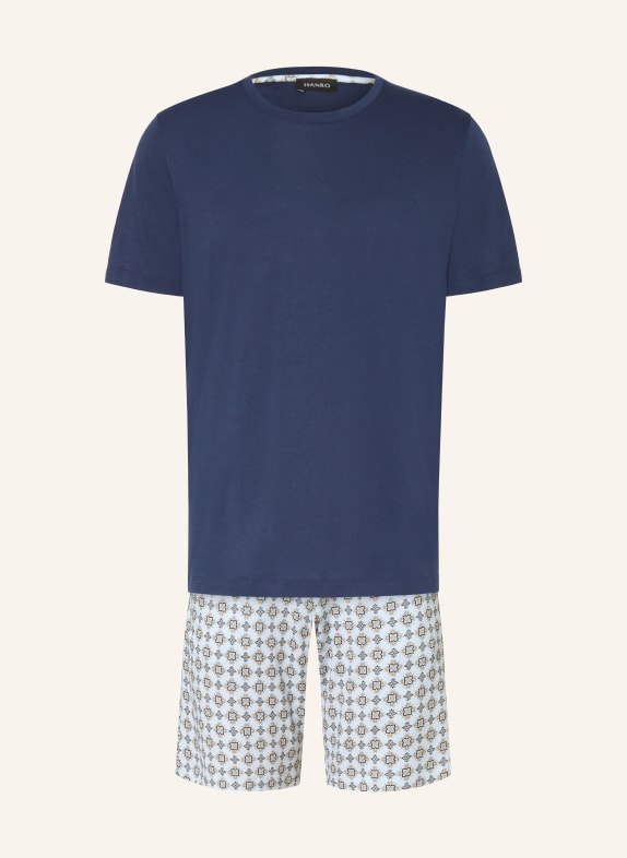 HANRO NIGHT &amp; DAY Shorty Pajamas DARK BLUE / LIGHT ORANGE / LIGHT BLUE
