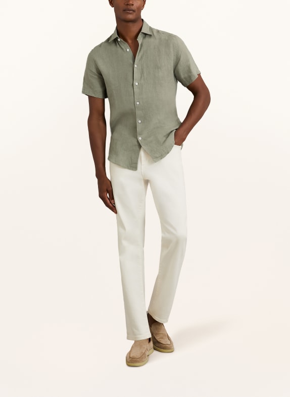 REISS HOLIDAY slim fit overhemd met korte mouwen van linnen OLIJF