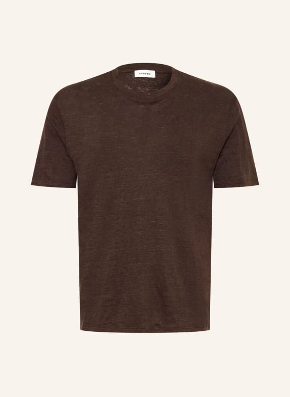 SANDRO T-shirt z lnu CIEMNOBRĄZOWY