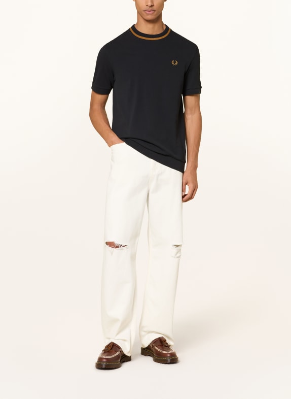 FRED PERRY T-shirt van piqué ZWART / COGNAC