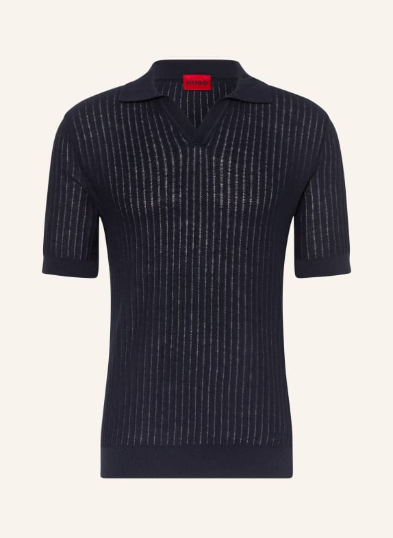 HUGO SEEMANT Regular Fit Knit Polo Shirt with Linen DARK BLUE