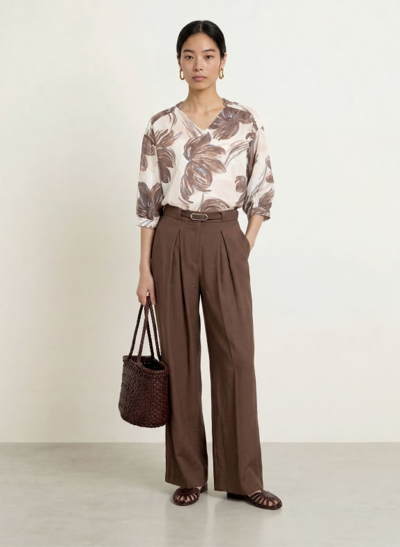 MORE & MORE Blouse met 3/4-mouwen MARRON FONCÉ / BEIGE / DONKERBLAUW