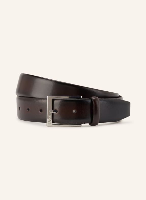 BOSS ELLOY Leather Belt DARK BROWN / SILVER