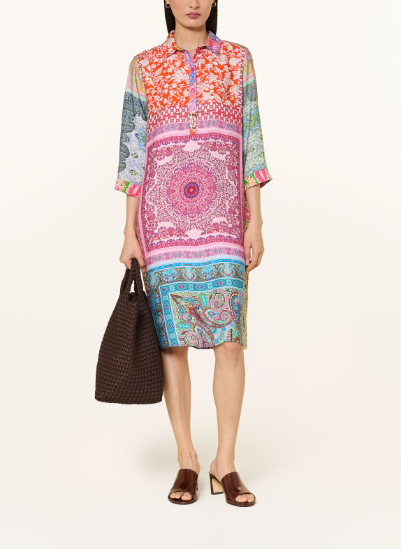 MILANO ITALY Shirt-style dress with 3/4 sleeves PINK / ORANGE / GREEN