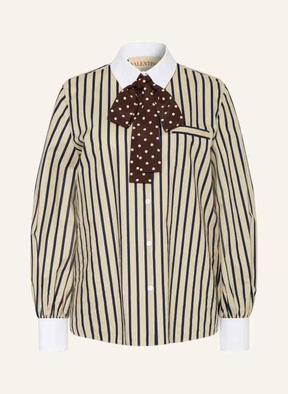 VALENTINO PATTERN shirt blouse with detachable bow tie BEIGE / DARK BLUE / WHITE