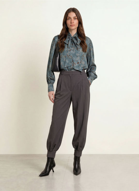 SEM PER LEI Seidenbluse mit Schluppe GRAU / DUNKELBRAUN / TAUPE