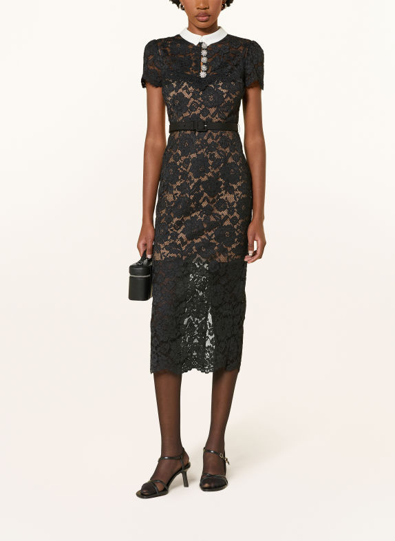 self-portrait Robe chemise en dentelle avec strass NOIR / MARRON / BLANC