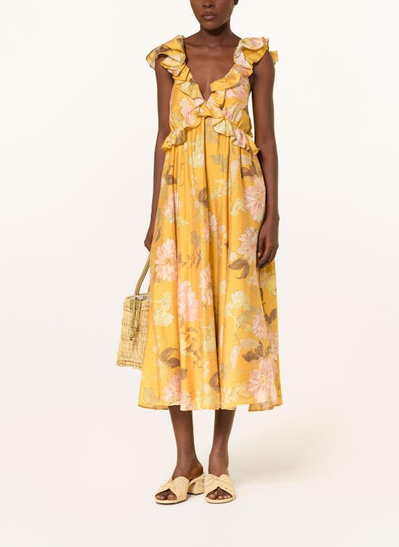 REISS Kleid LUCY mit Rüschen GELB / ROSA / HELLGRÜN